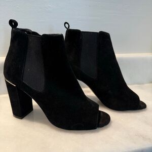 White House Black Market Suede Open Toe Heeled Ankle Boots Black Size 7M